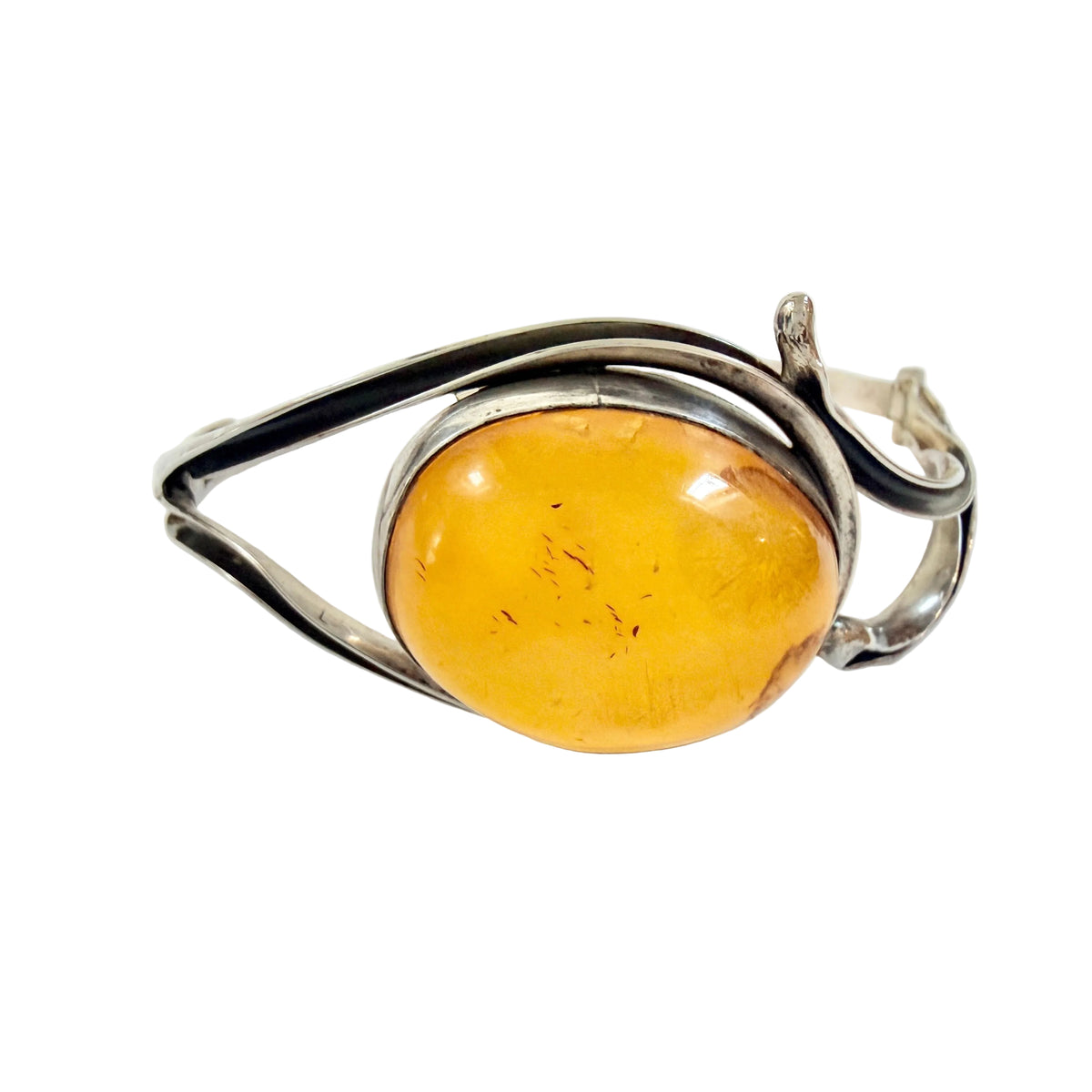 Warsaw, Poland. Vintage Solid Silver Large Amber Hinged Bracelet.