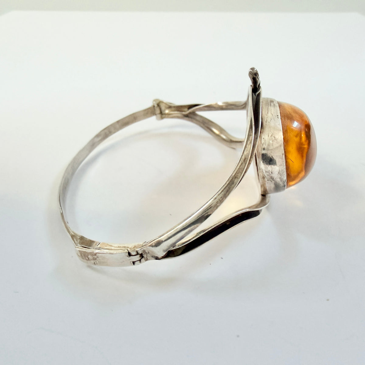 Warsaw, Poland. Vintage Solid Silver Large Amber Hinged Bracelet.