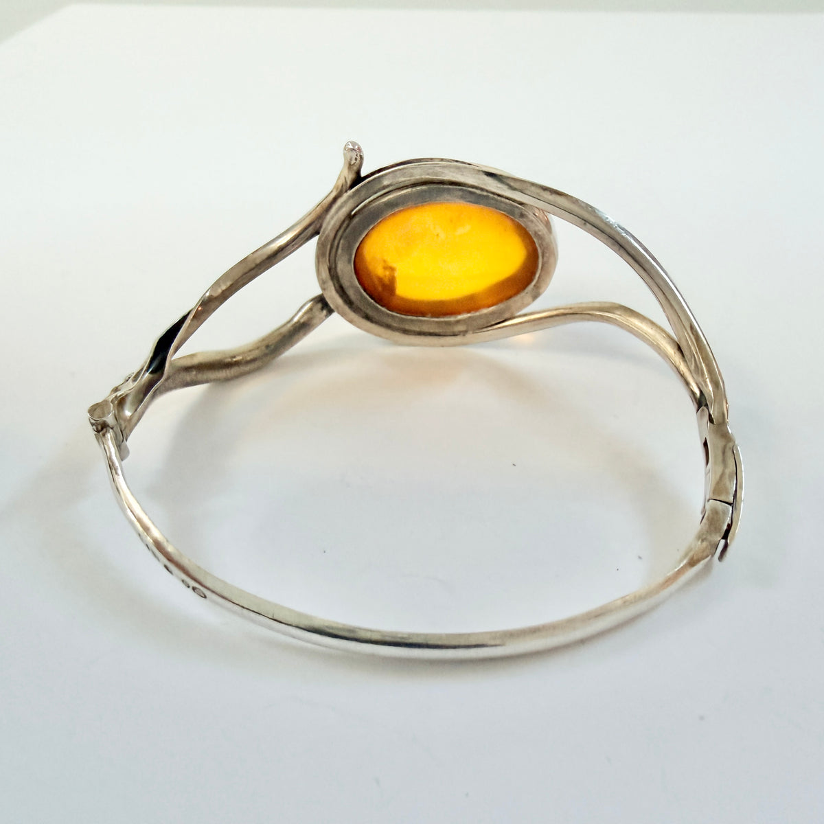 Warsaw, Poland. Vintage Solid Silver Large Amber Hinged Bracelet.