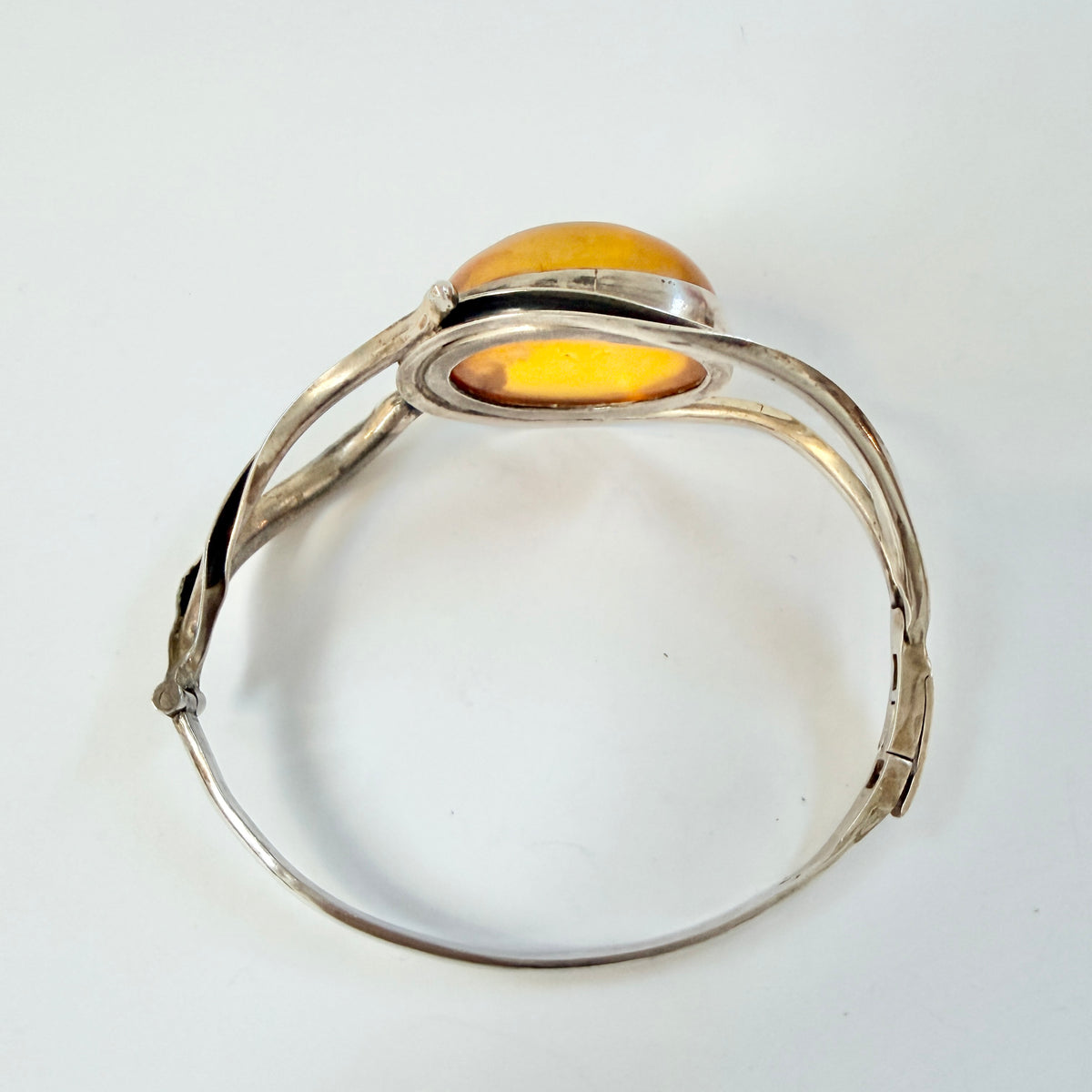 Warsaw, Poland. Vintage Solid Silver Large Amber Hinged Bracelet.