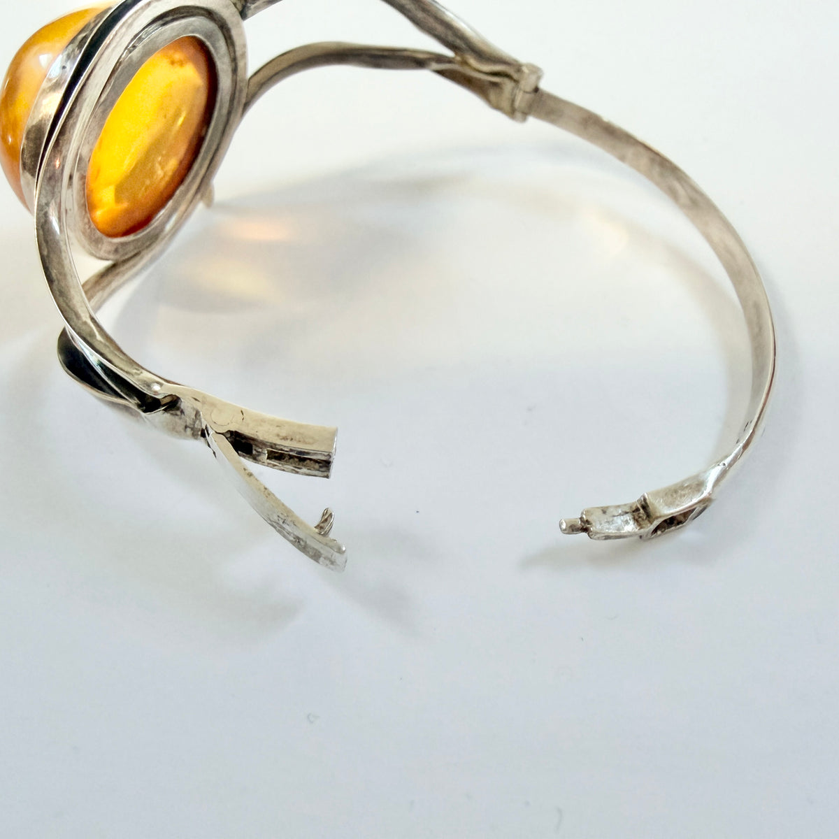 Warsaw, Poland. Vintage Solid Silver Large Amber Hinged Bracelet.