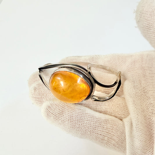 Warsaw, Poland. Vintage Solid Silver Large Amber Hinged Bracelet.