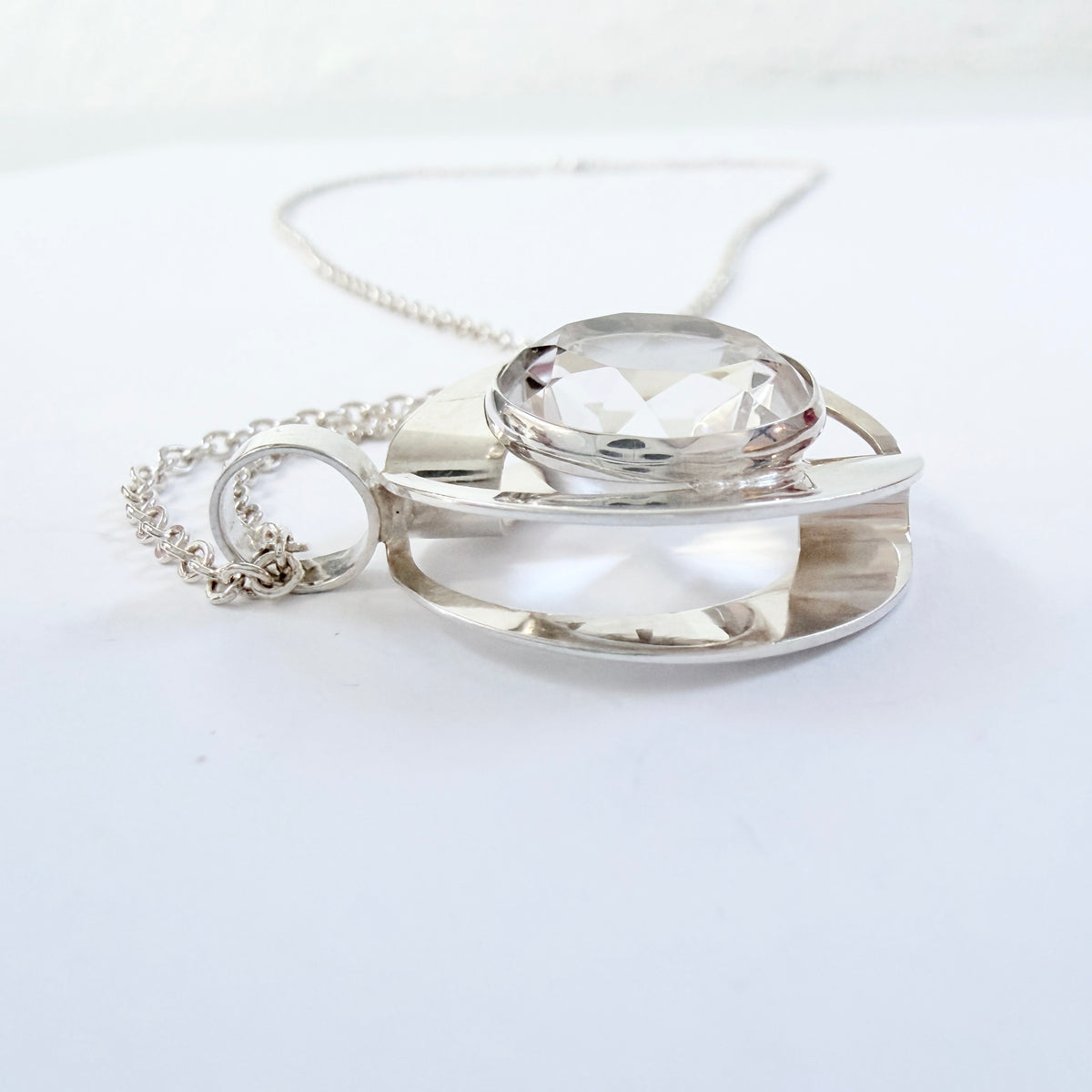 Salovaara, Finland 1970s. Vintage Sterling Silver Rock Crystal Pendant Necklace.