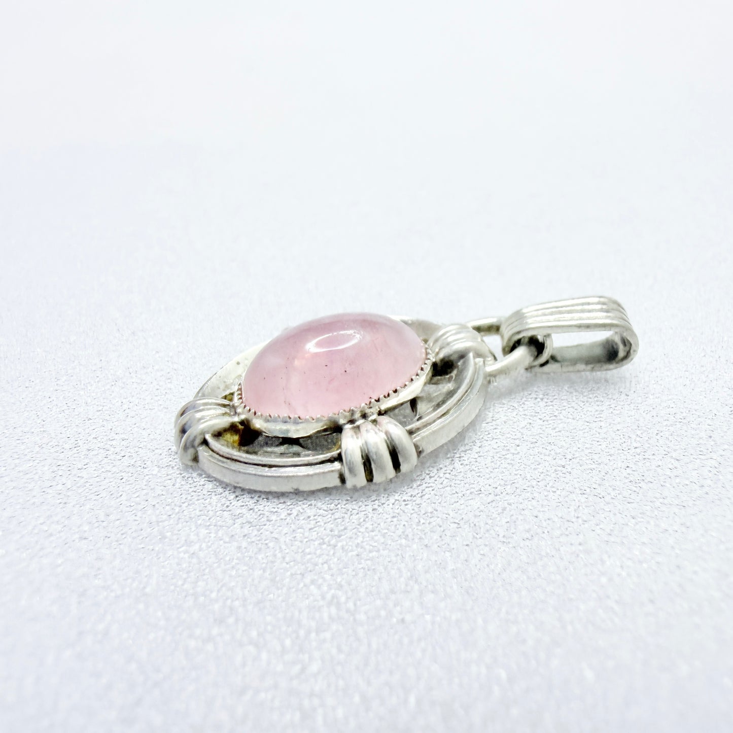 Vintage c 1950s. Solid Silver Rose Quartz Pendant.
