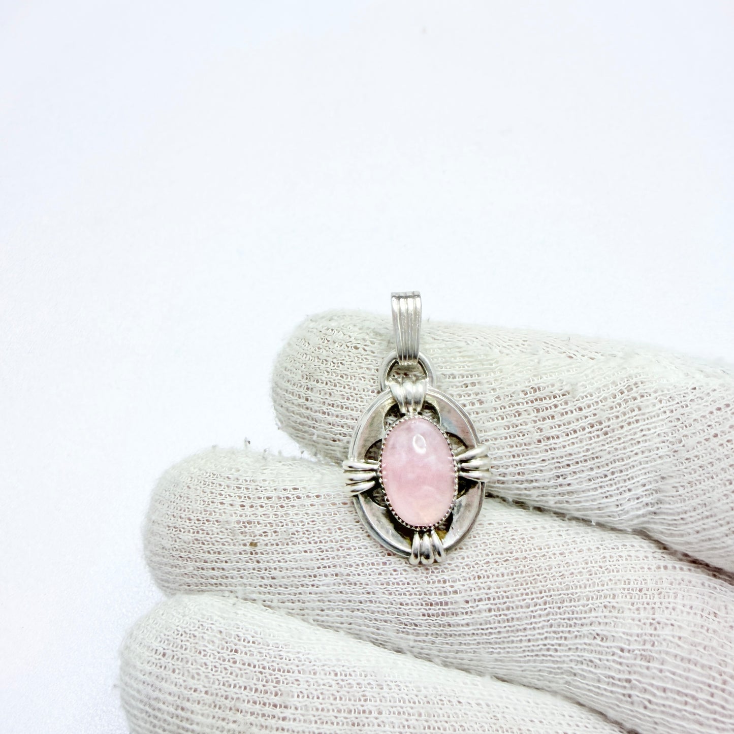 Vintage c 1950s. Solid Silver Rose Quartz Pendant.