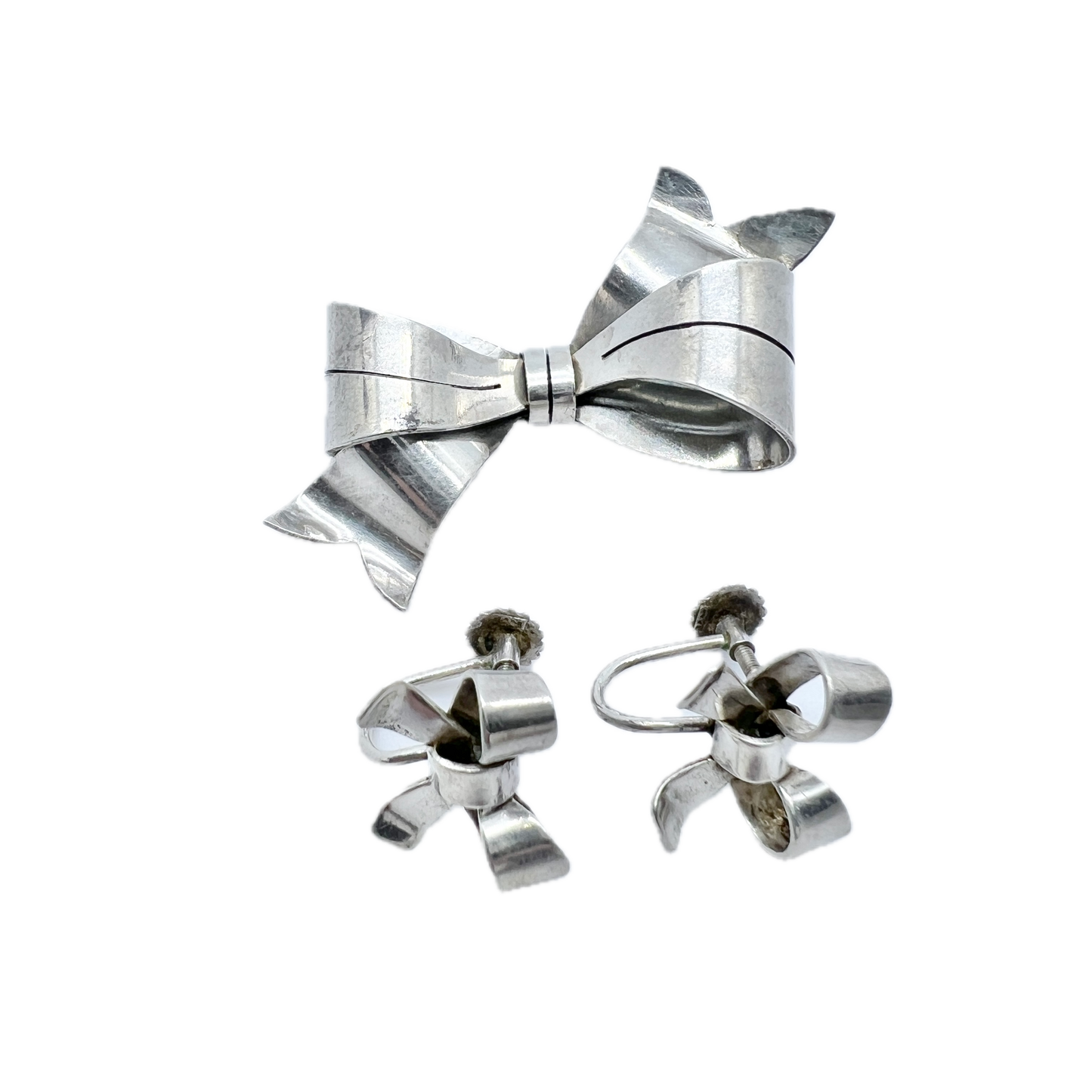 Sweden 1940s. Vintage Solid Silver Ribbon Brooch and Earrings.