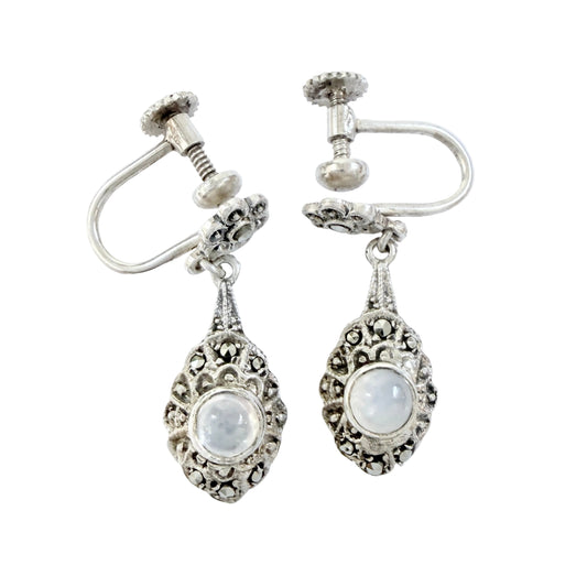 Vintage c 1940s. Solid Silver Marcasite Moonstone Earrings.