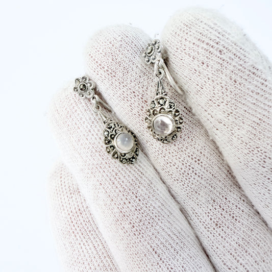 Vintage c 1940s. Solid Silver Marcasite Moonstone Earrings.