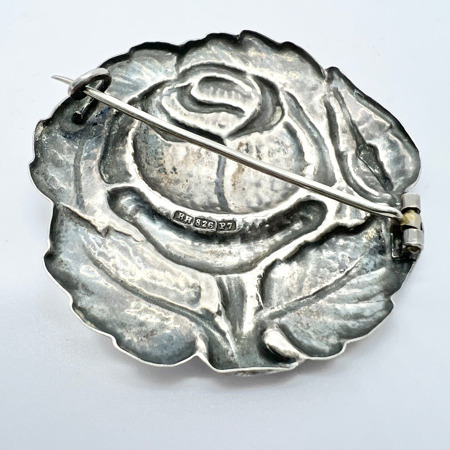 Bernhard Hertz, Denmark 1917 Antique Rose Flower Solid Silver Brooch.