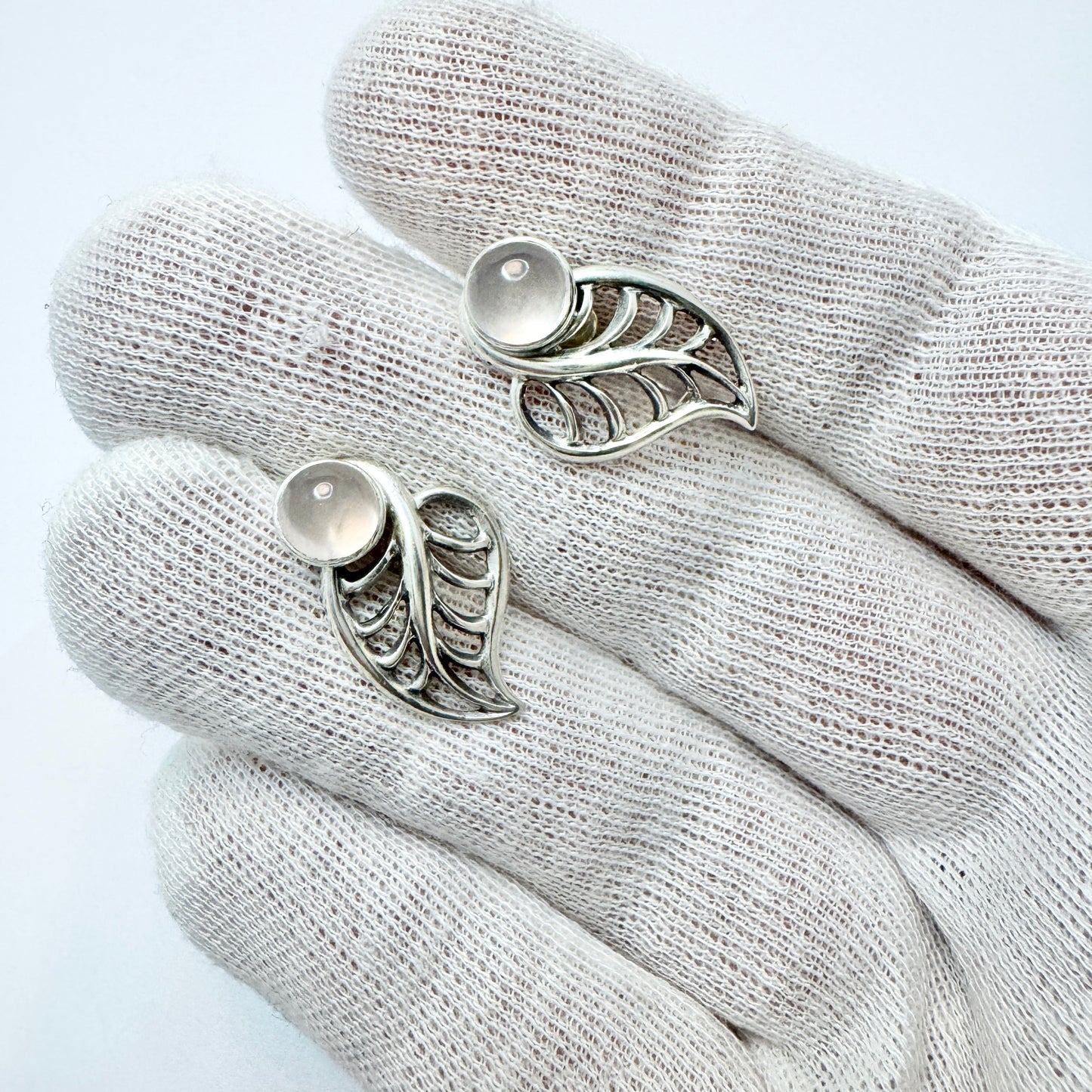 G Dahlgren, Sweden 1950s. Solid Silver Rose Quartz Earrings.