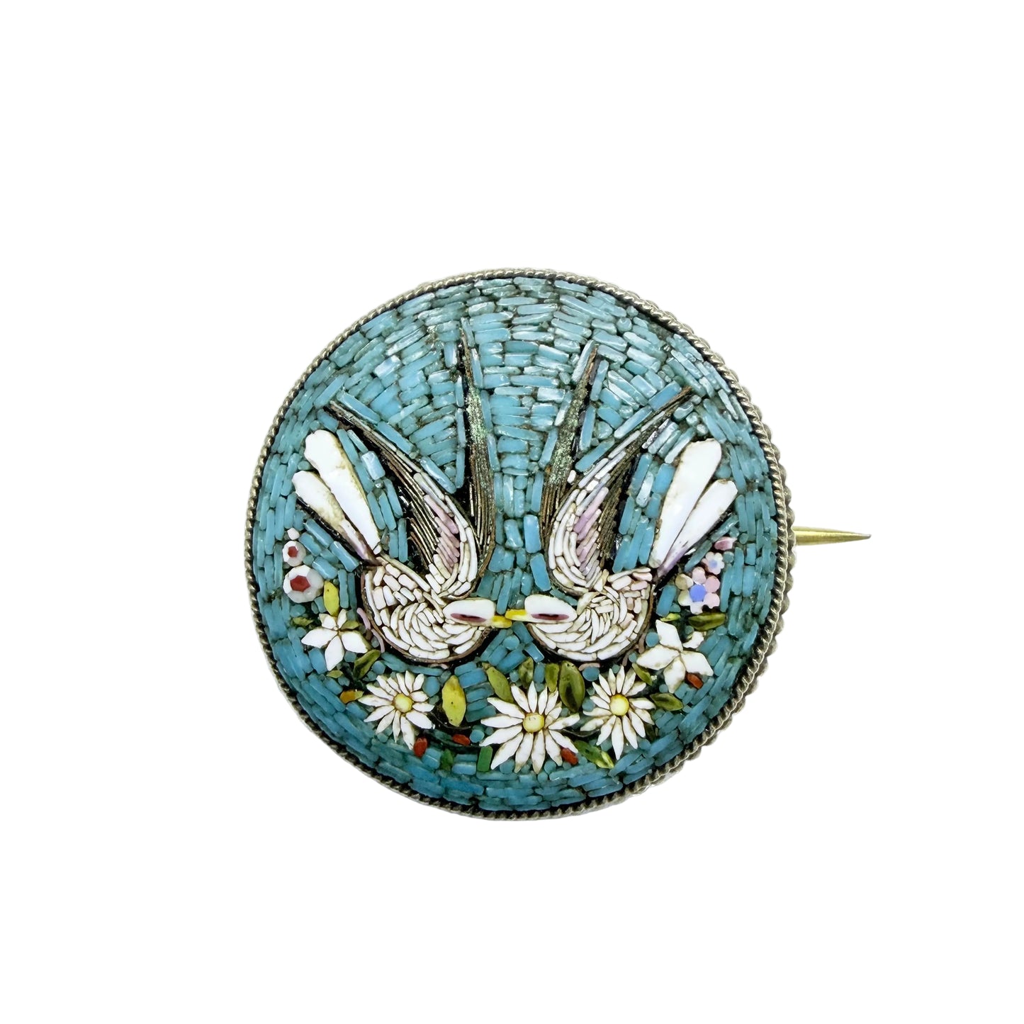 Hallmarked Italy ca year 1900. Antique Gilt Solid Silver Micro Mosaic Love Birds Brooch.