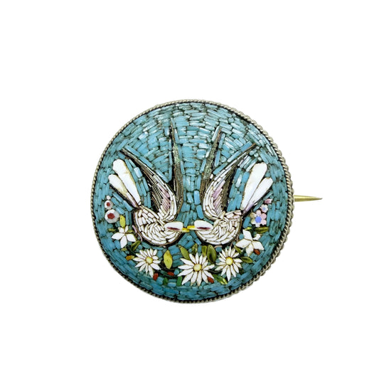 Hallmarked Italy ca year 1900. Antique Gilt Solid Silver Micro Mosaic Love Birds Brooch.