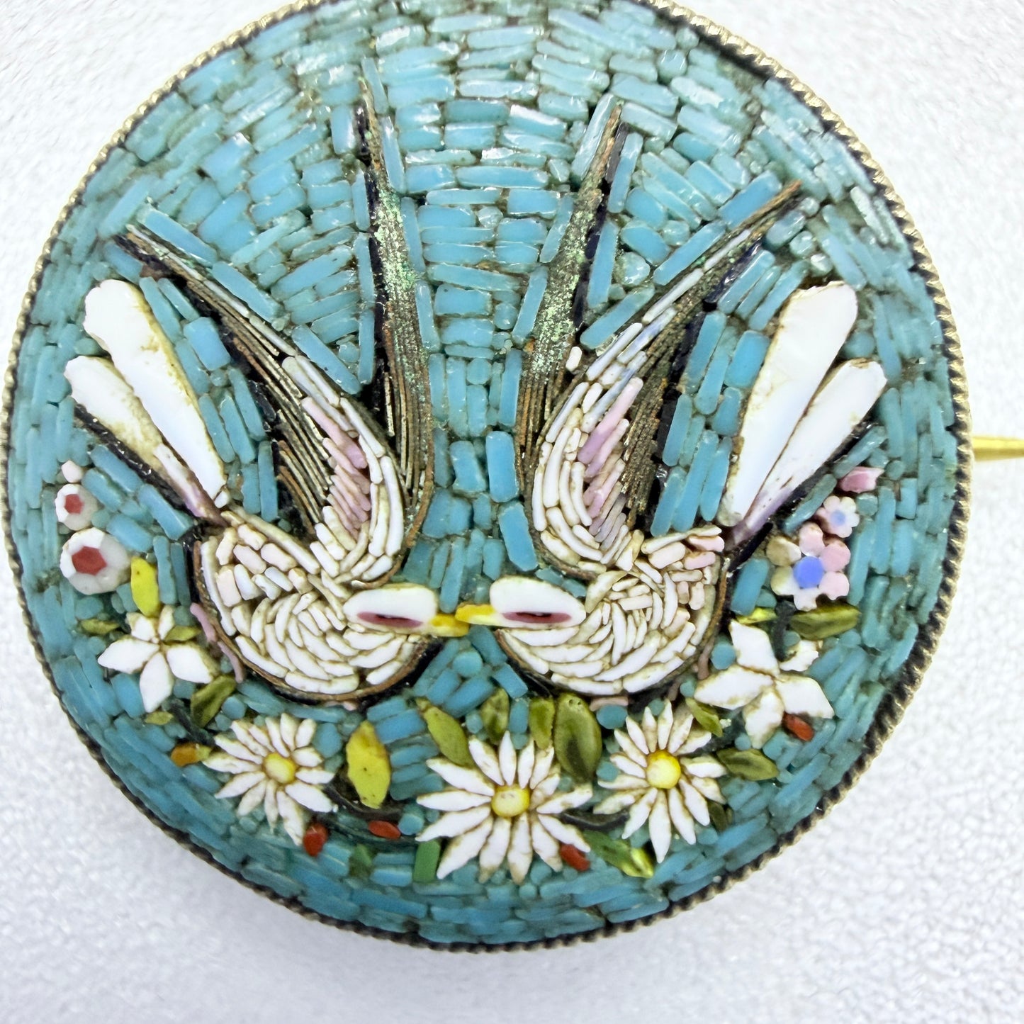 Hallmarked Italy ca year 1900. Antique Gilt Solid Silver Micro Mosaic Love Birds Brooch.