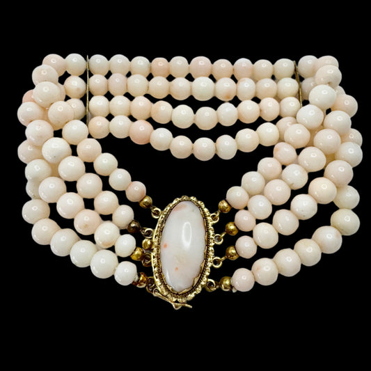 Italy ca 1950s. Vintage 18k Gold Angel Skin Coral Four Strand Bracelet.