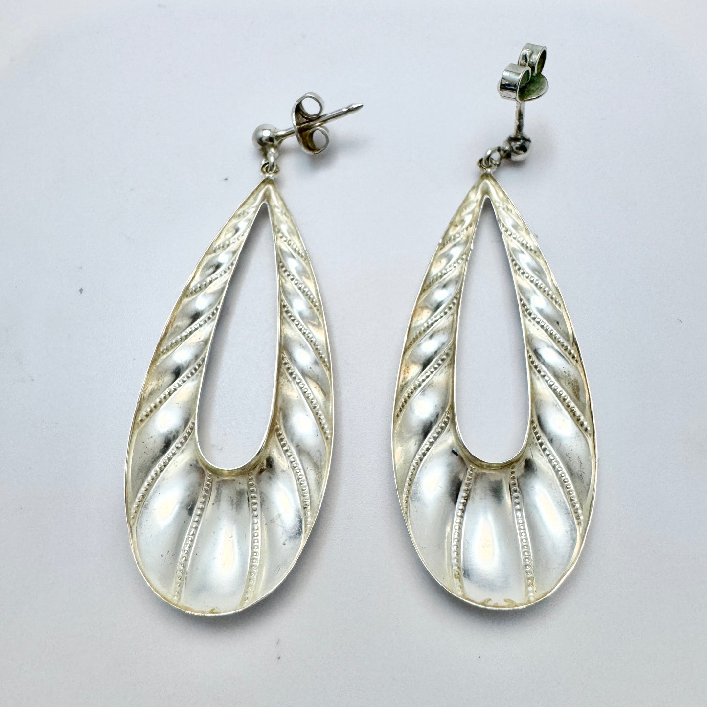 Sweden c 1980s. Large Vintage Solid Silver Earrings.