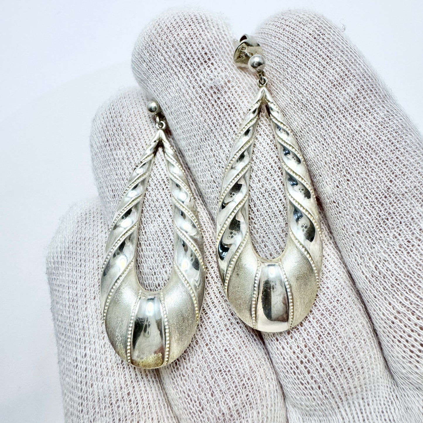 Sweden c 1980s. Large Vintage Solid Silver Earrings.