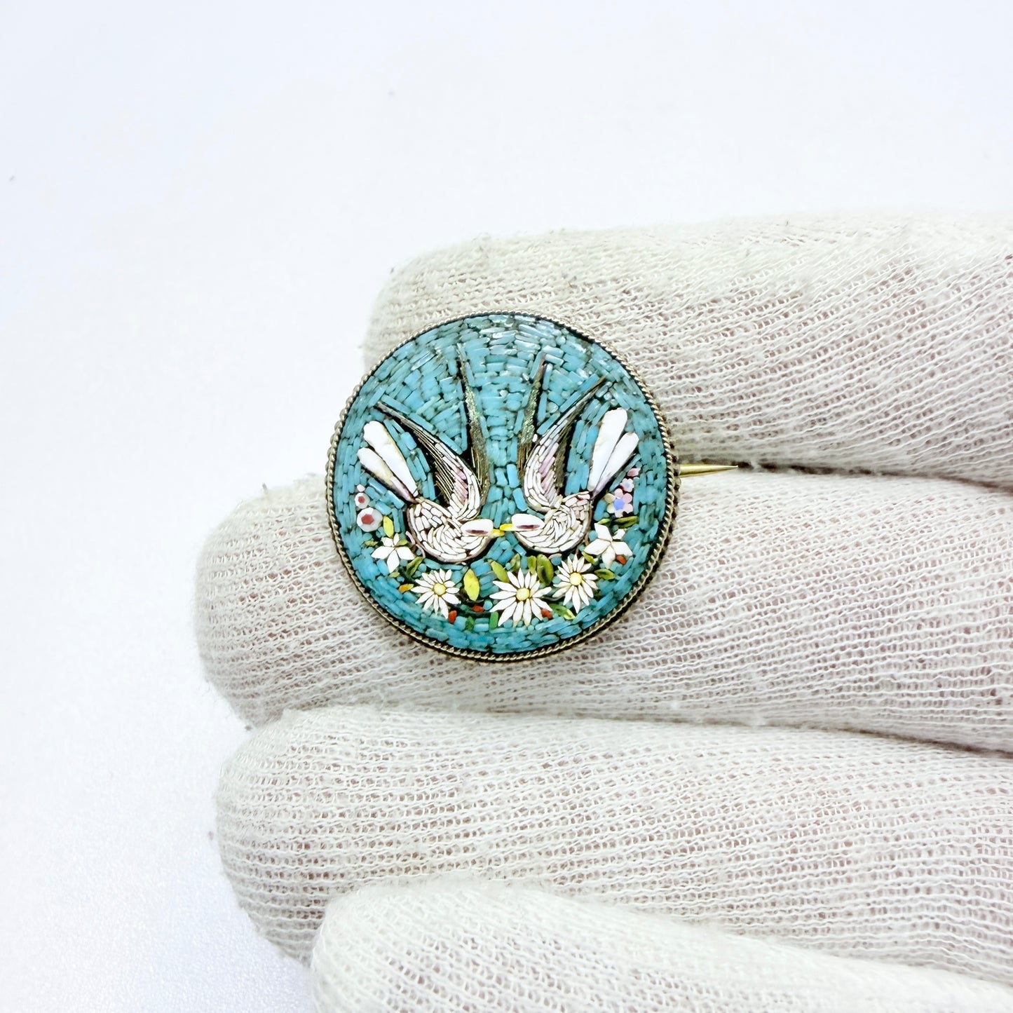 Hallmarked Italy ca year 1900. Antique Gilt Solid Silver Micro Mosaic Love Birds Brooch.