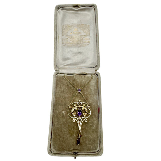 UK 1910s. Antique Edwardian 9k gold Amethyst Seed Pearl Pendant Necklace.