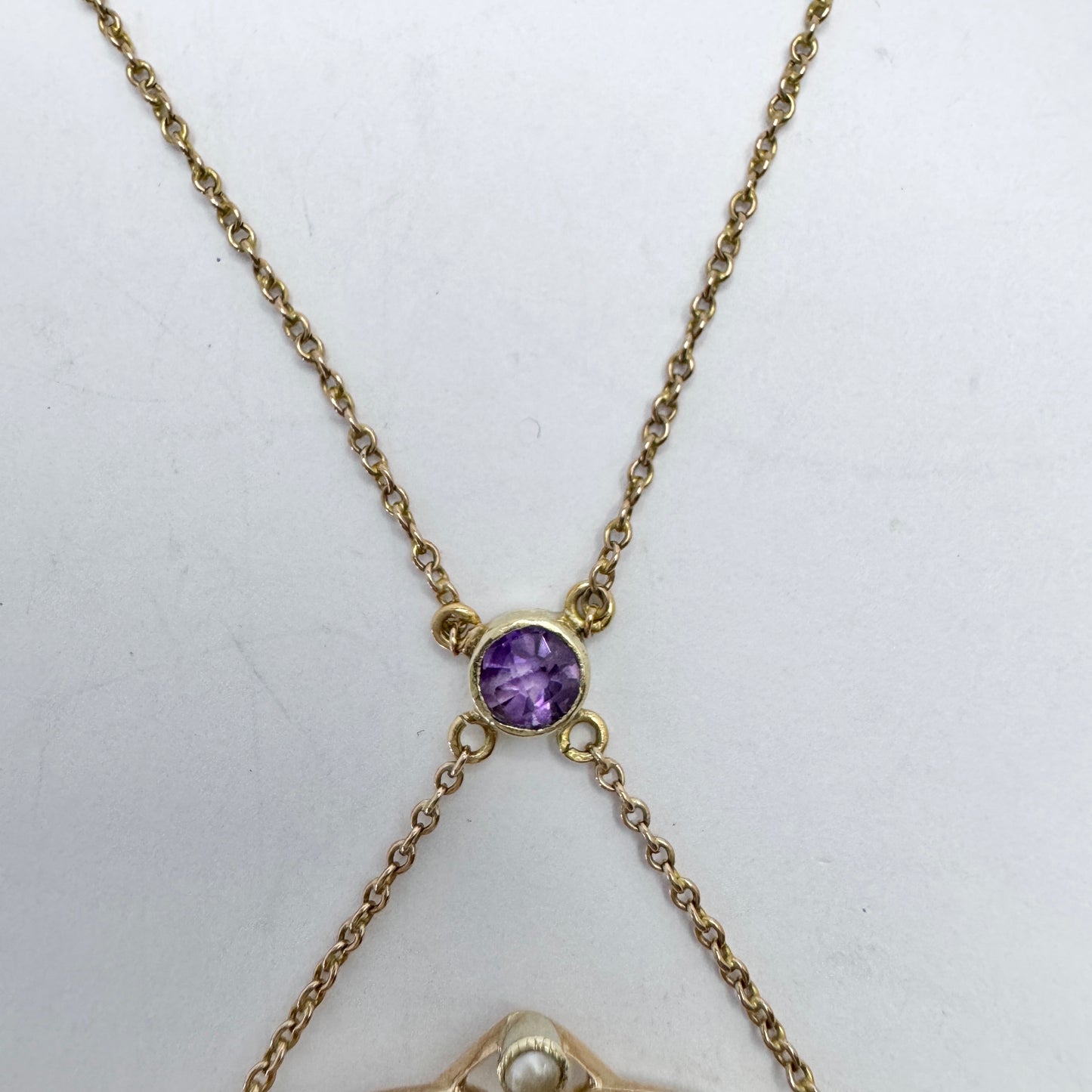 UK 1910s. Antique Edwardian 9k gold Amethyst Seed Pearl Pendant Necklace.