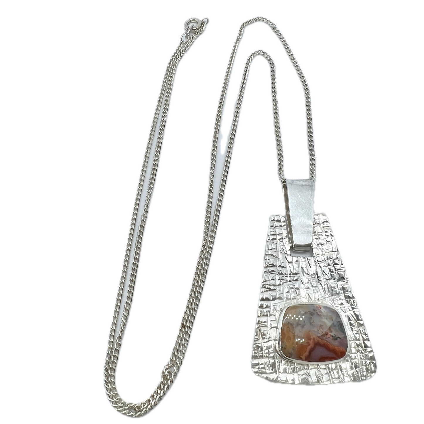 Victor Janson, Sweden 1970. Vintage Sterling Silver Moss Agate Pendant + Chain.