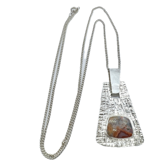 Victor Janson, Sweden 1970. Vintage Sterling Silver Moss Agate Pendant + Chain.