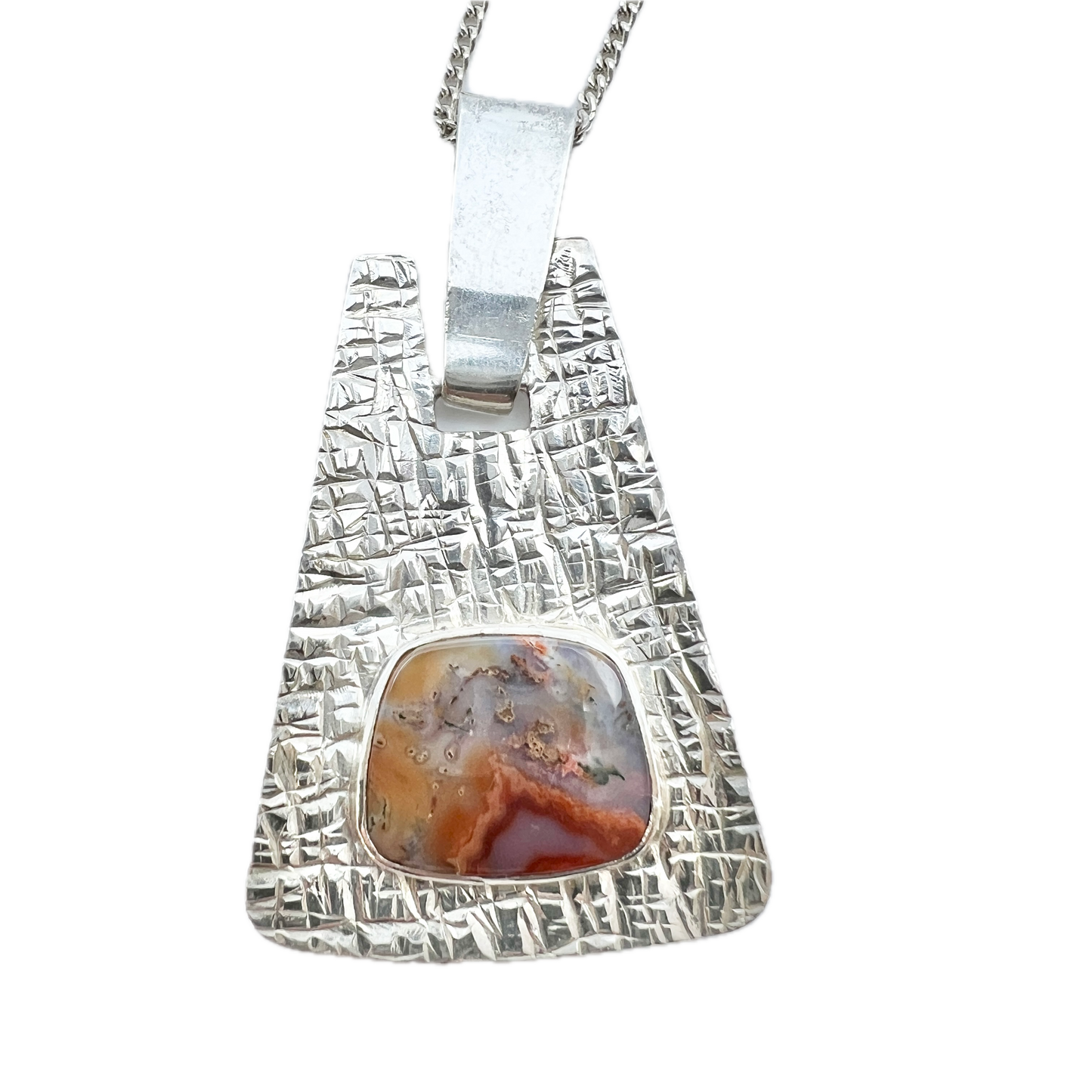 Victor Janson, Sweden 1970. Vintage Sterling Silver Moss Agate Pendant + Chain.