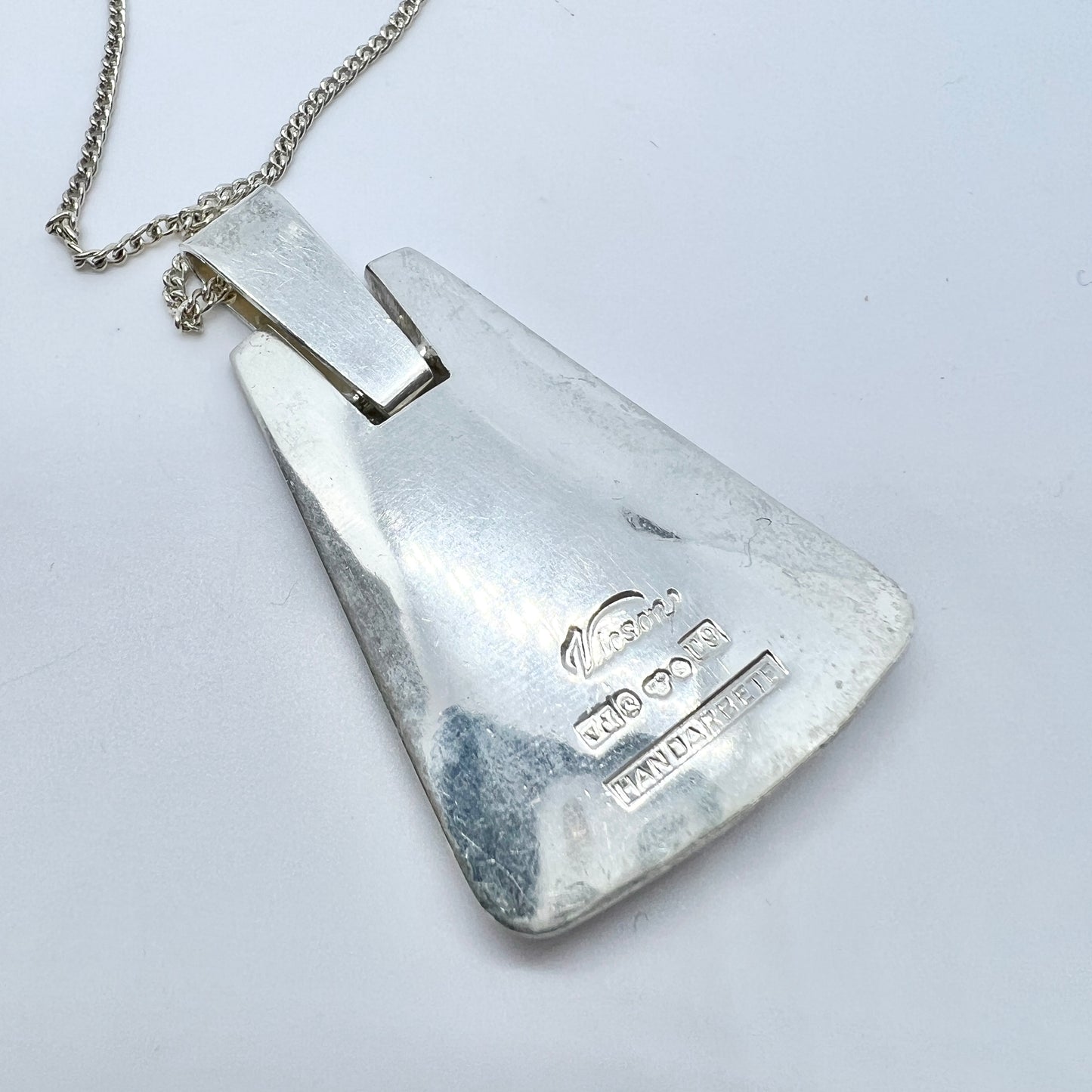 Victor Janson, Sweden 1970. Vintage Sterling Silver Moss Agate Pendant + Chain.