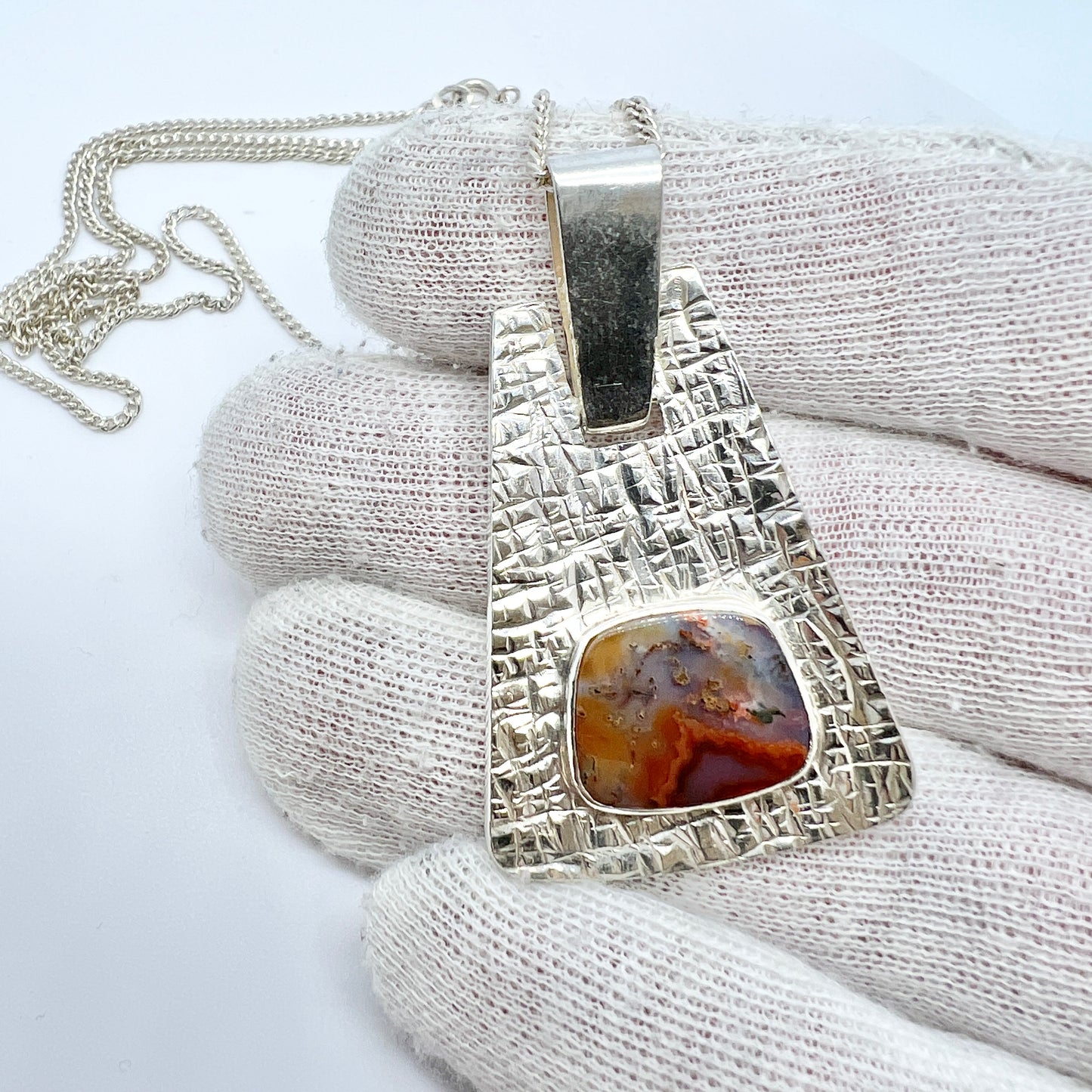 Victor Janson, Sweden 1970. Vintage Sterling Silver Moss Agate Pendant + Chain.