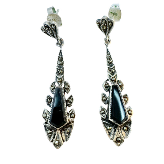 Vintage Sterling Silver Onyx Marcasite Earrings.