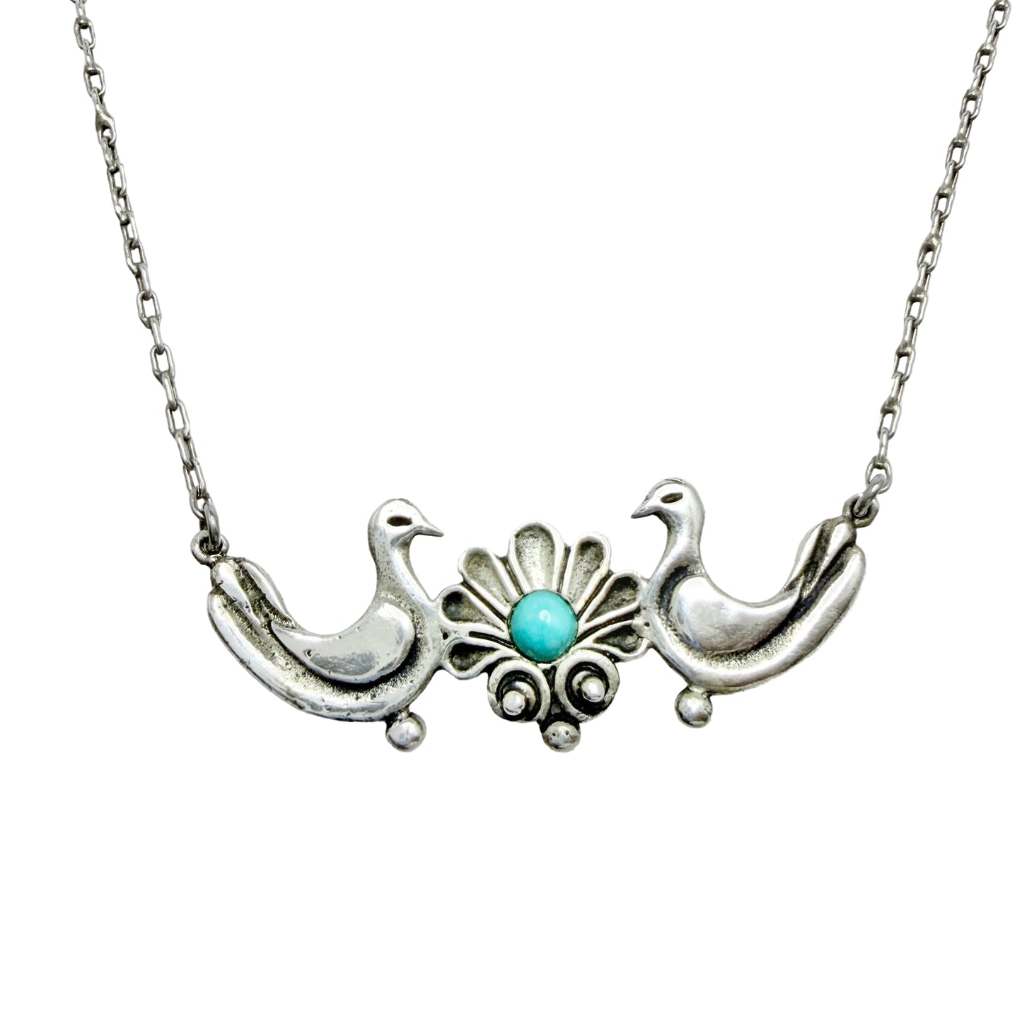 Vintage Sterling Silver Turquoise Love Birds Pendant Necklace.