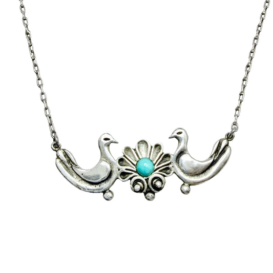 Vintage Sterling Silver Turquoise Love Birds Pendant Necklace.