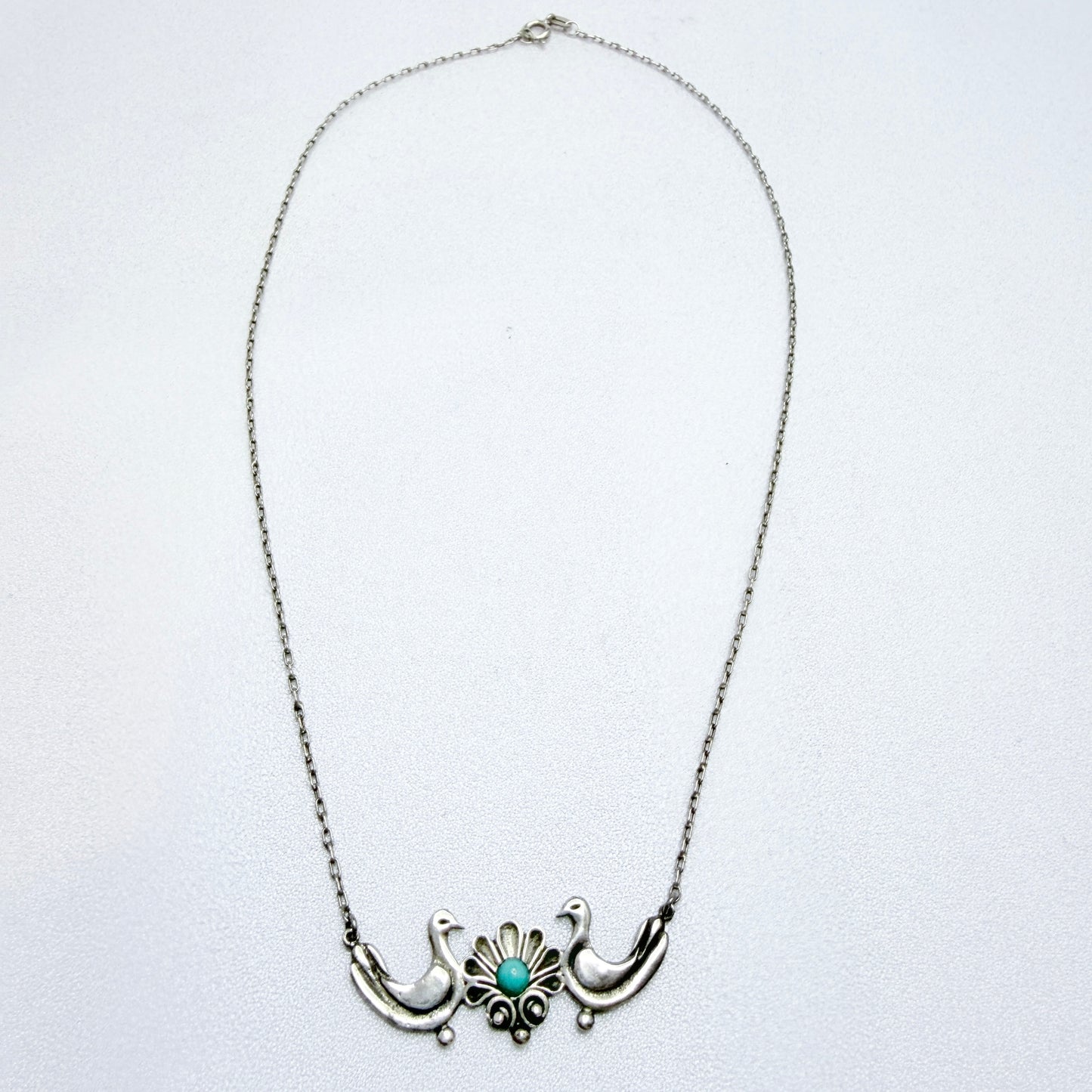 Vintage Sterling Silver Turquoise Love Birds Pendant Necklace.