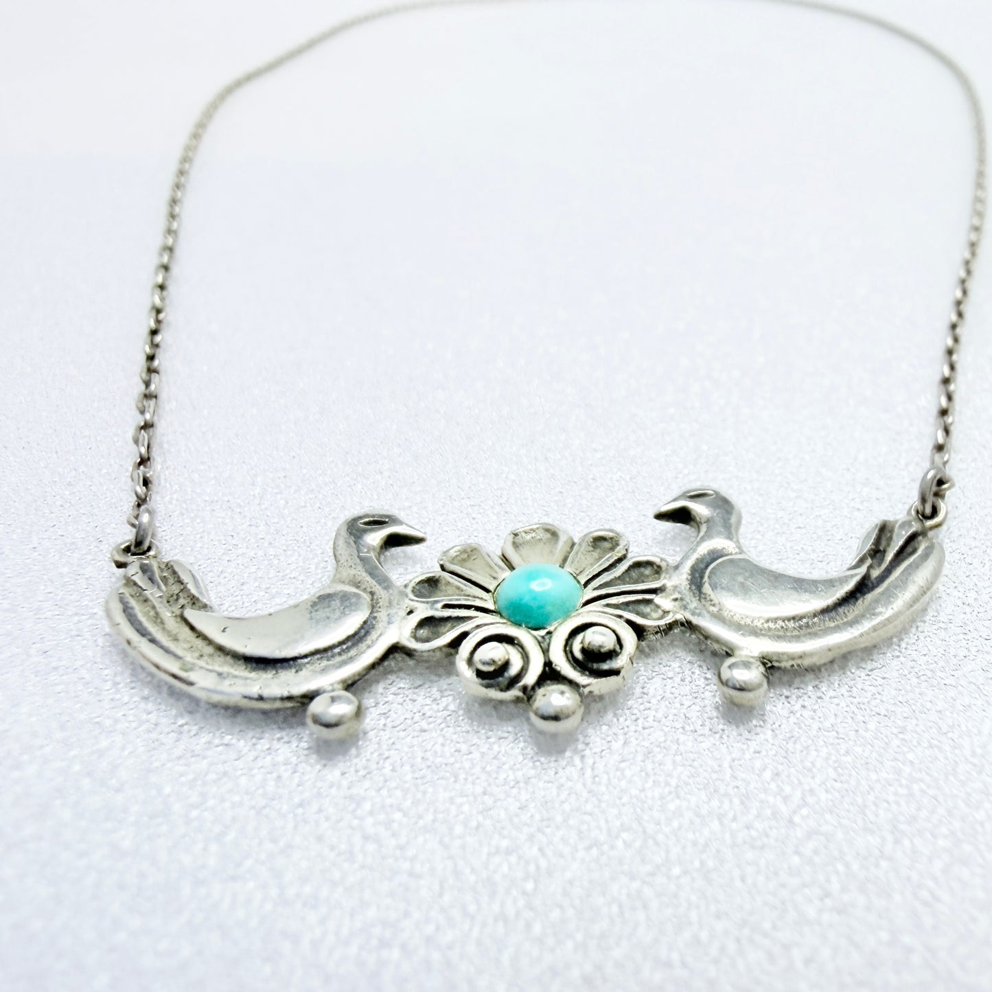 Vintage Sterling Silver Turquoise Love Birds Pendant Necklace.