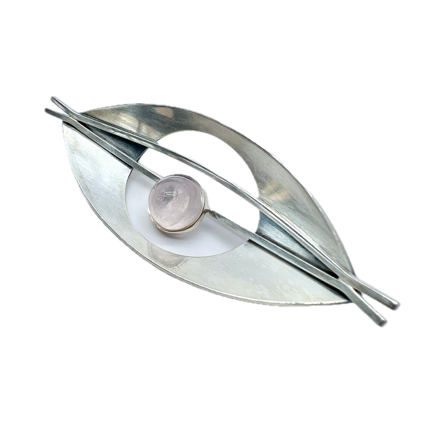 Elis Kauppi, Kupittaan Kulta Finland 1961 Vintage Solid Silver Rose Quartz Brooch.