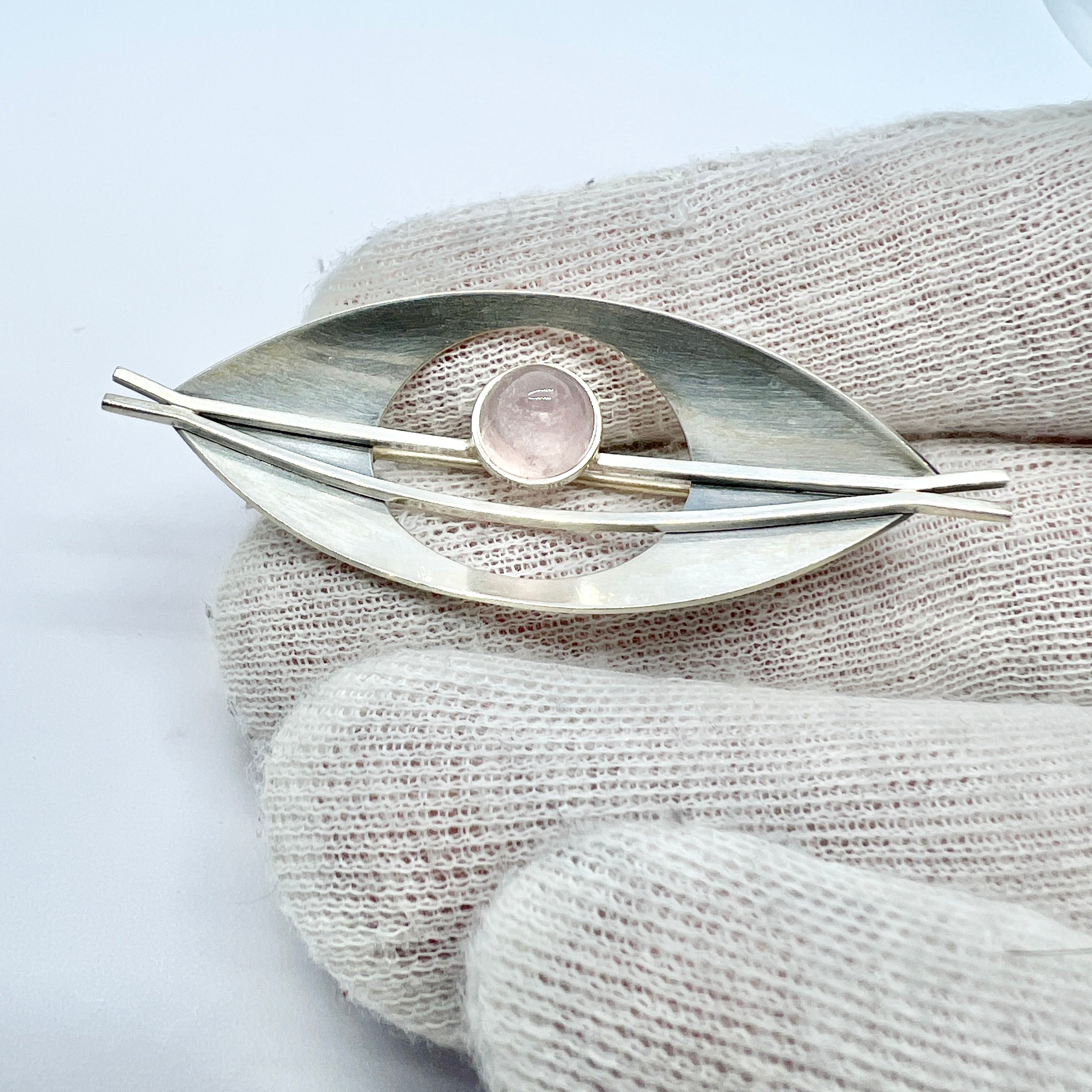 Elis cheapest Kauppi, Vintage Silver Brooch with Rose Quartz, Kupittaan Kulta, Finland 1961