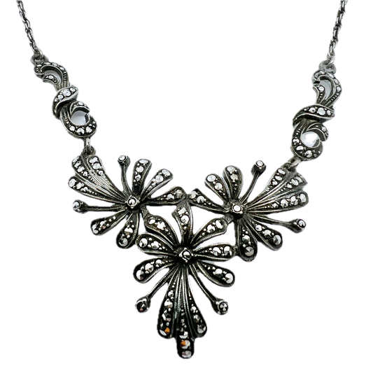 Sweden 1940s Vintage Solid 835 Silver Marcasite Necklace.