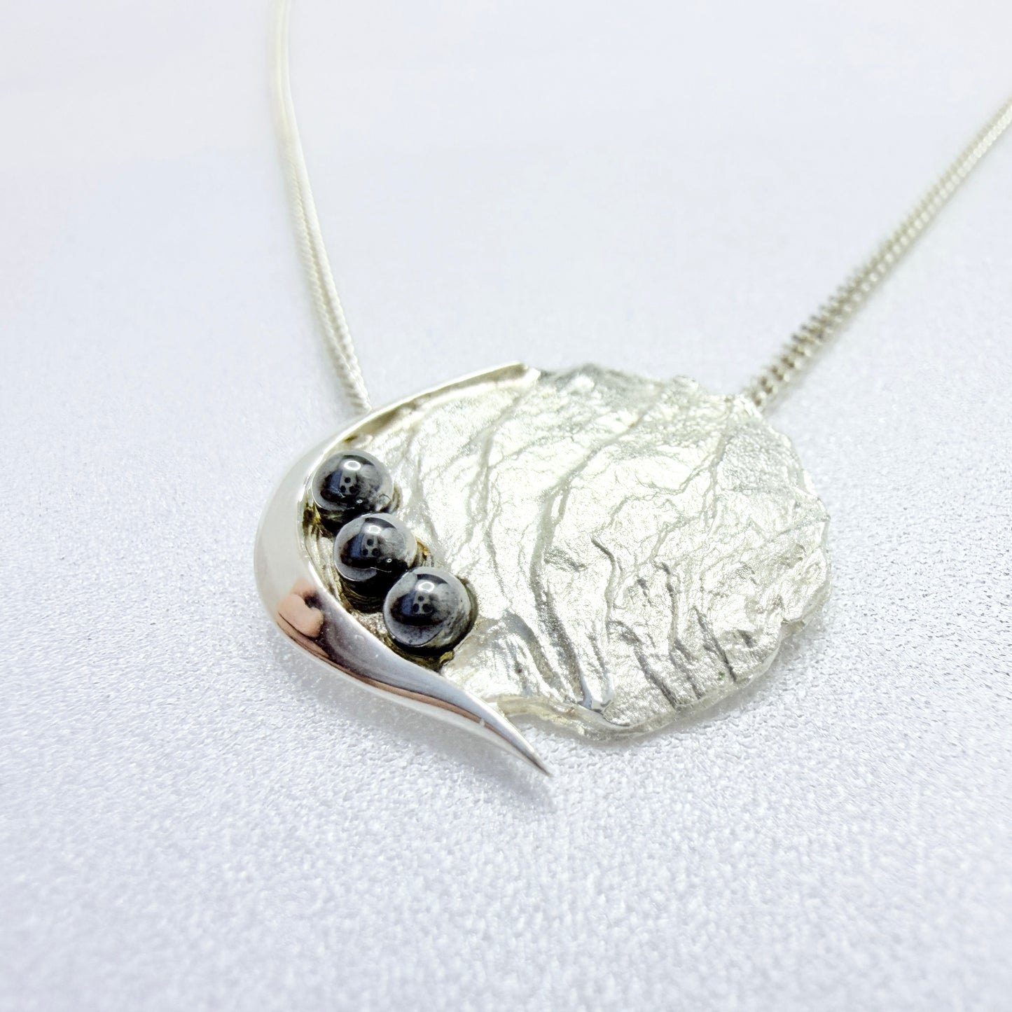 SSÄ, Sweden 1980s. Vintage Sterling Silver Hematite Pendant Long Chain Necklace.