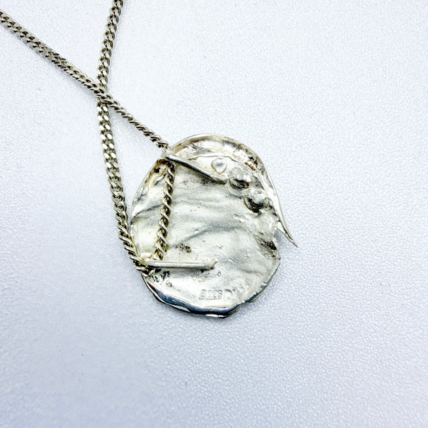SSÄ, Sweden 1980s. Vintage Sterling Silver Hematite Pendant Long Chain Necklace.