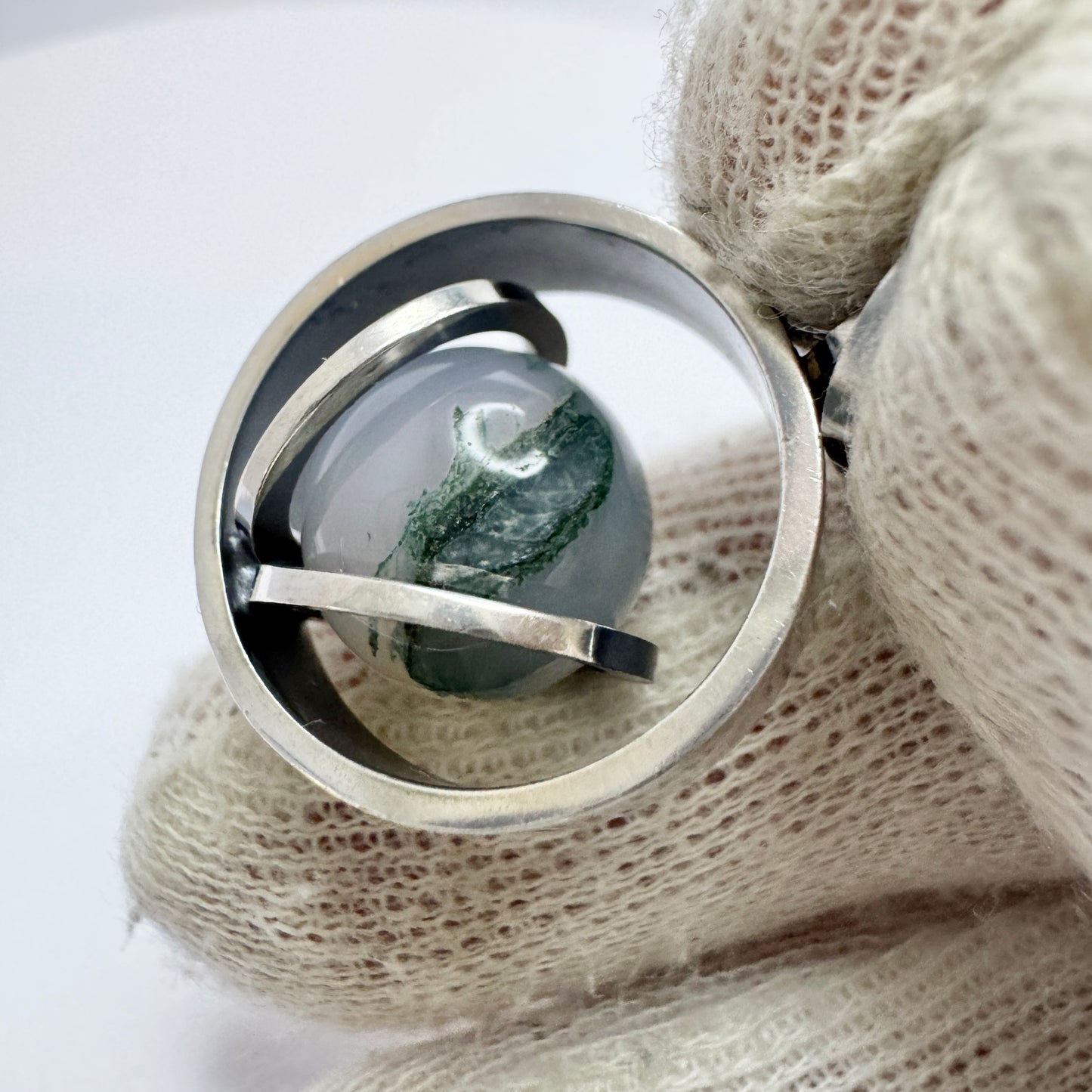 Elis Kauppi, Kupittaan Kulta Finland 1966. Vintage Solid Silver Moss Agate Pendant.