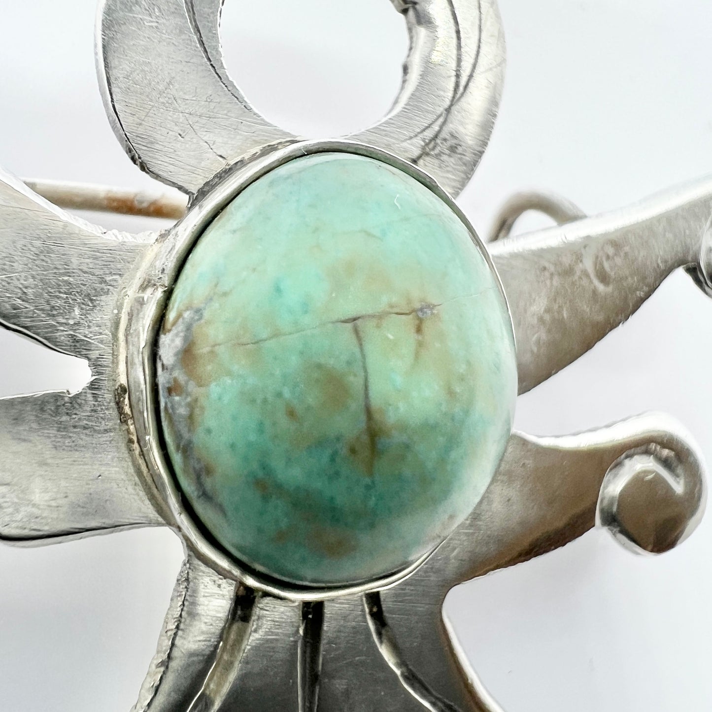 Taxco, Mexico. Vintage 1940s Sterling 980 Silver Turquoise Brooch. Maker's Mark.