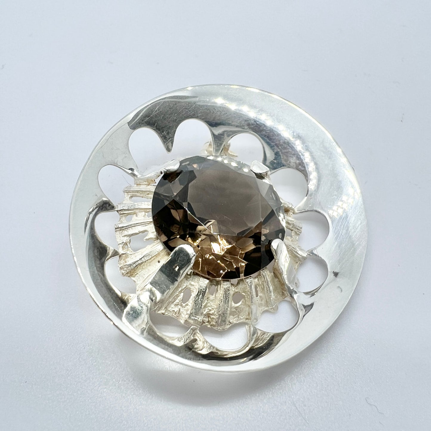 Martti Vikinniemi, Finland 1969. Vintage Solid Silver Smoky Quartz Brooch.