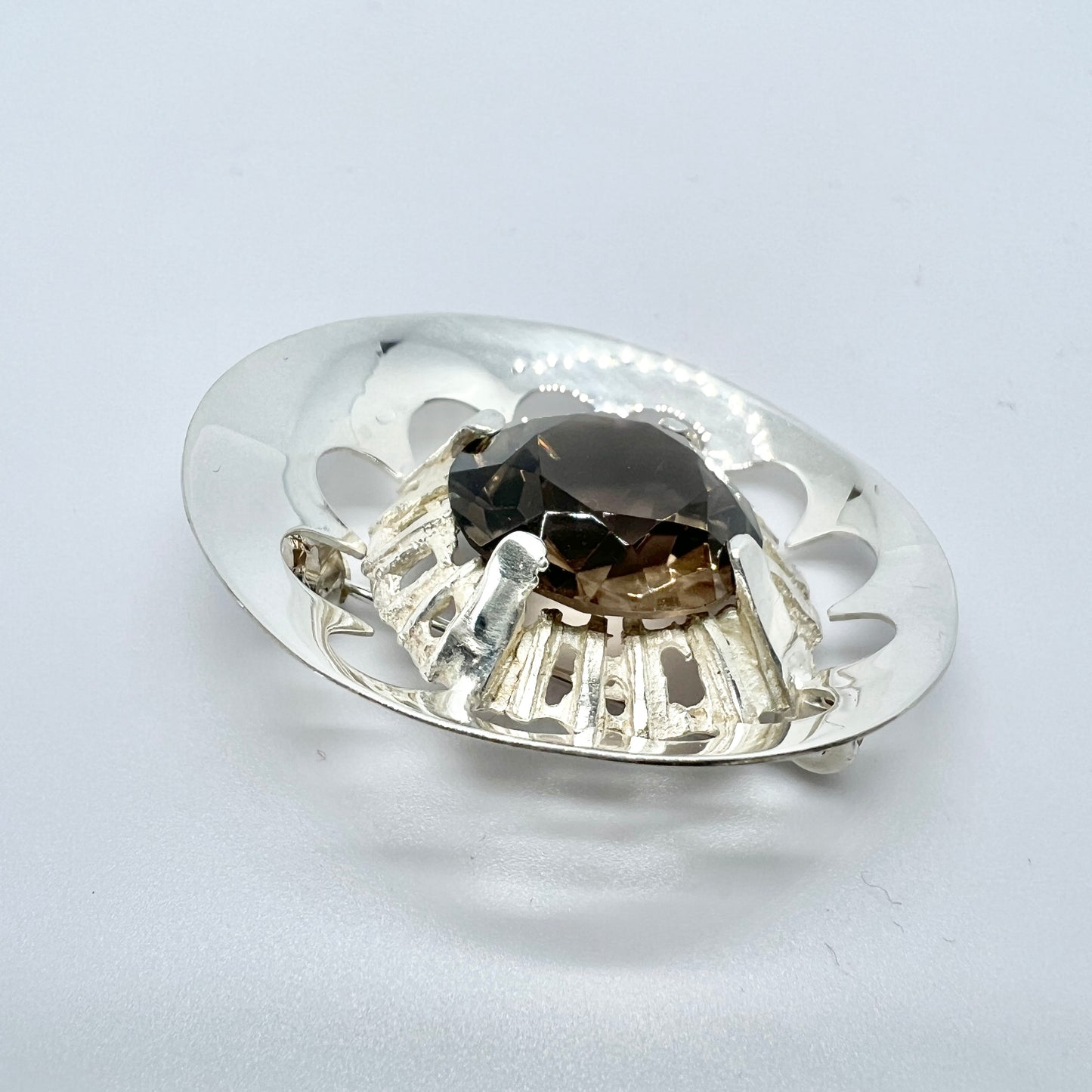 Martti Vikinniemi, Finland 1969. Vintage Solid Silver Smoky Quartz Brooch.