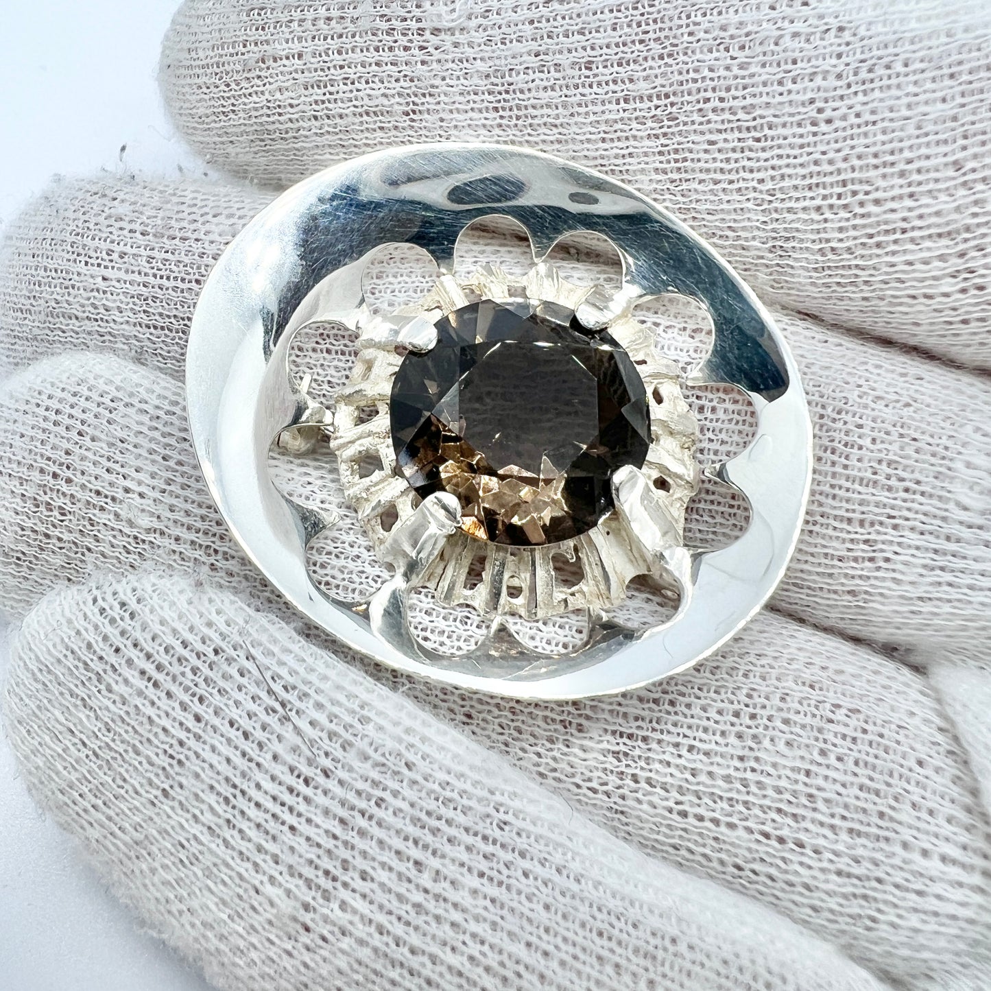 Martti Vikinniemi, Finland 1969. Vintage Solid Silver Smoky Quartz Brooch.