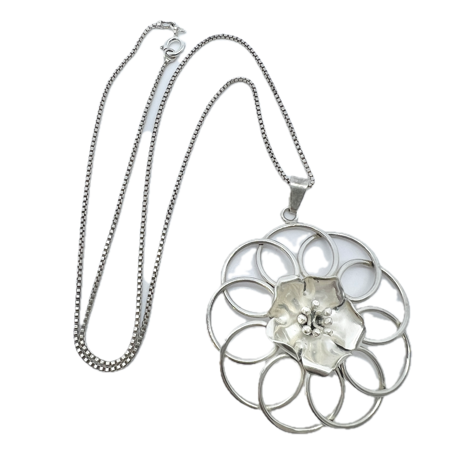 Sweden 1940-50s. Solid Silver Flower Pendant Necklace.