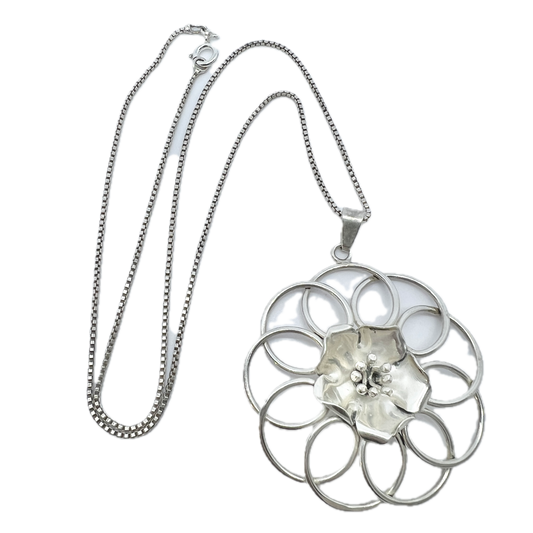 Sweden 1940-50s. Solid Silver Flower Pendant Necklace.