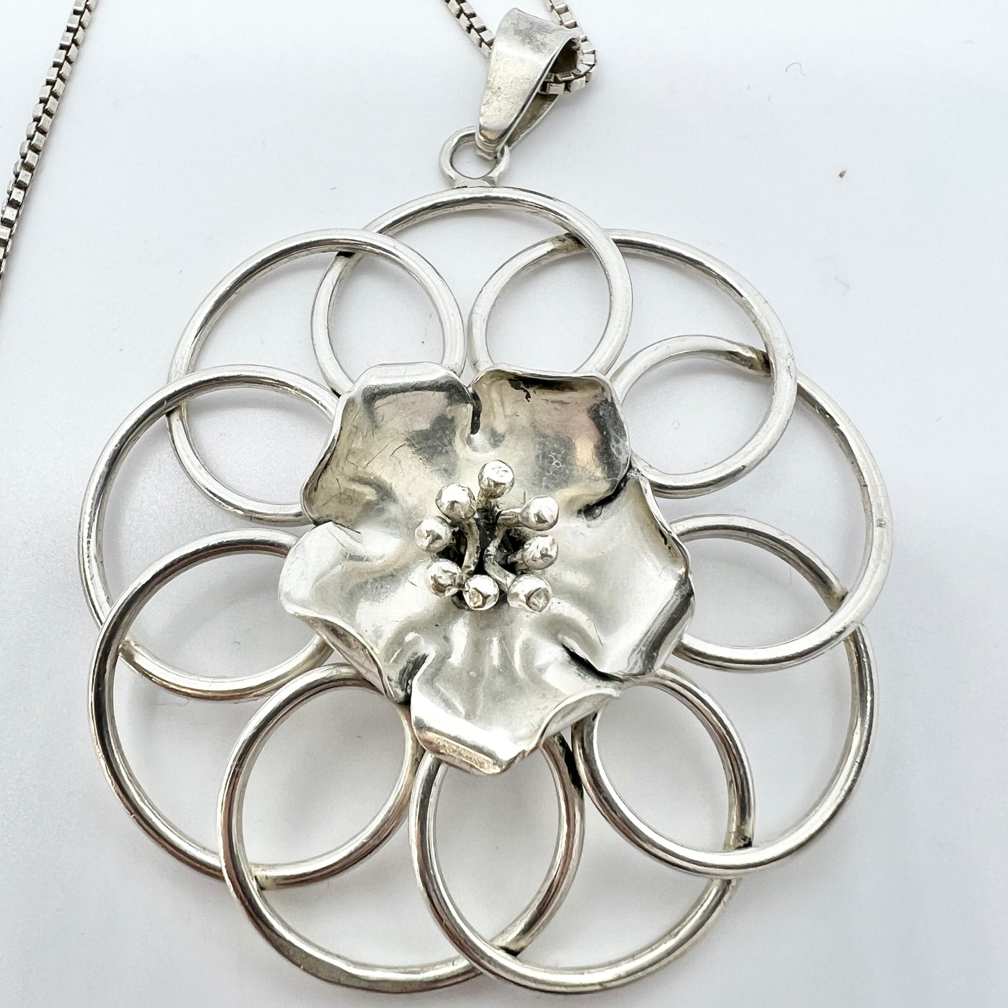 Sweden 1940-50s. Solid Silver Flower Pendant Necklace.