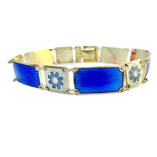 David-Andersen, Norway. Vintage Sterling Silver Blue and White Enamel Link Bracelet.