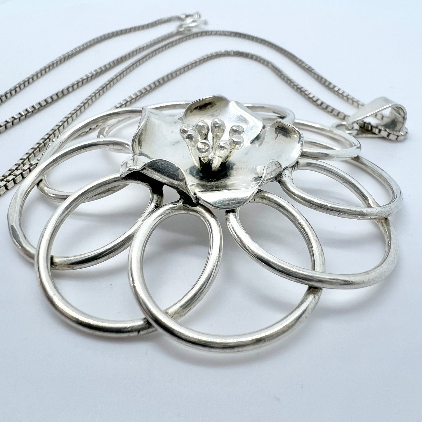 Sweden 1940-50s. Solid Silver Flower Pendant Necklace.