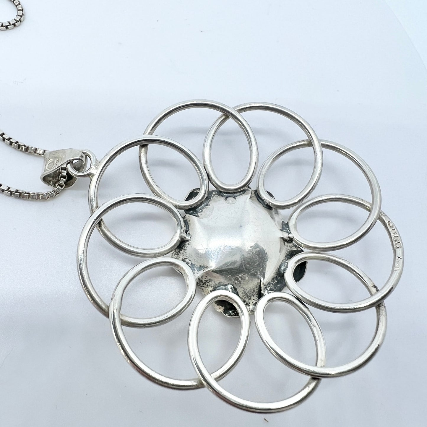 Sweden 1940-50s. Solid Silver Flower Pendant Necklace.