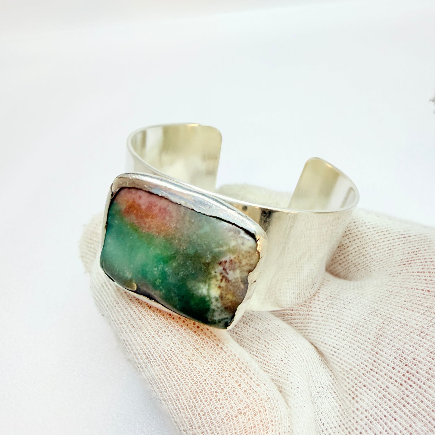 AD Design, Denmark 1970s. Bold Brutalist Silver-plated Hardstone Cuff Bracelet.